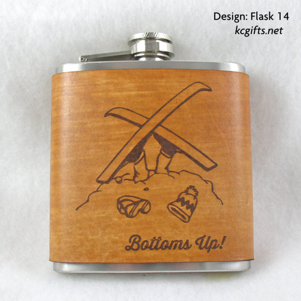 Flask for the Ski & Snowboard Fans - Hand Dyed Engraved Leather Wrap - FREE Monogramming