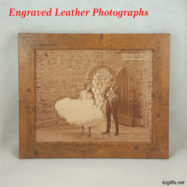 Photograph Engraved in REAL LEATHER - 3rd Anniversary Gift - Wedding Photograph - Baby Photograph - Family Photograph - 8" x 10" FRAMED