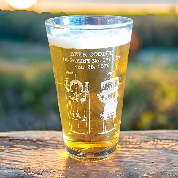 Engraved beer pint glass with the United States Patent for a beer related invention.