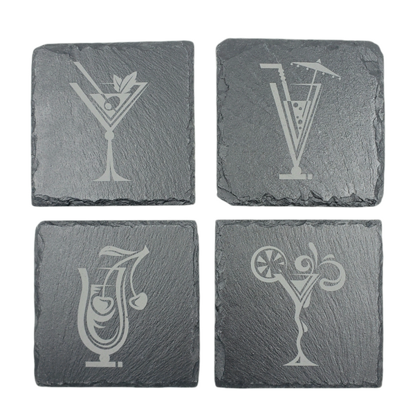 engraved slate coasters with images of cocktails