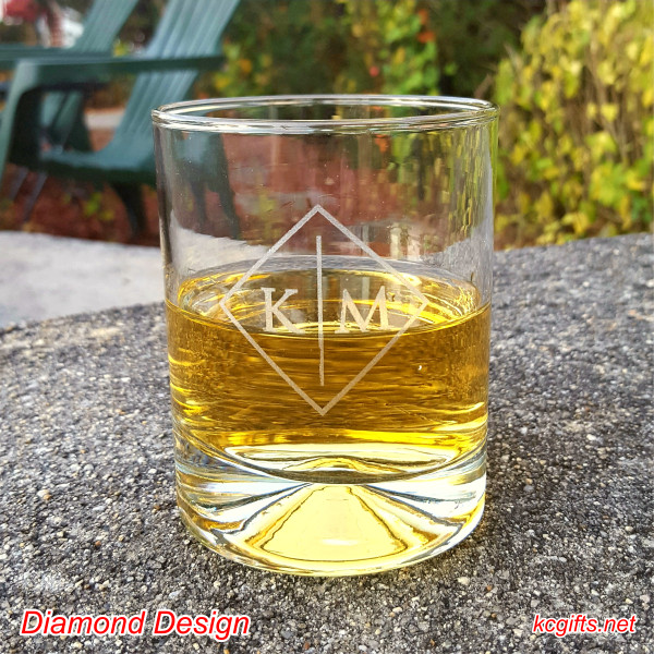 Diamond Design Engraved Rocks Glass with your monogram. Whiskey Glass - Scotch Glass - Cocktail Glass