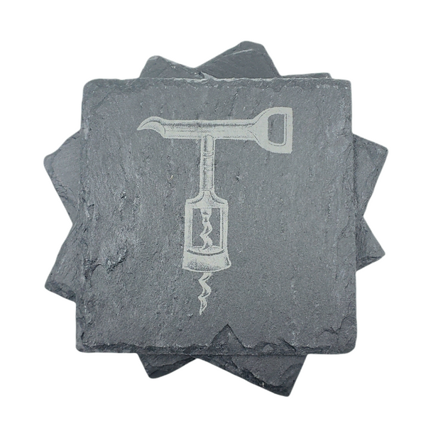 engraved slate coasters with images of corkscrews.