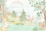 woodland animals backdrop..water colour ... exclusive to props for togs hand painted  this size is 60 x 80...larger sizes will crop some off the top of the print.Please contact us if you would like a bespoke size or in portrait with floor added 