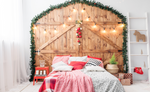 Christmas bedroom scene with Barn doors and festive lights 