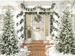 welcome home for Christmas, lovely white and green themed house front backdrop 