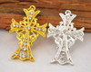 2" Metal Cross Pendants with Rhinestones in Gold - Pack of 10 Pieces