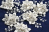 1.5" White Satin Flower Sticker with Rhinestone, Pearls and Sprays - Pack of 12