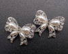 1 1/4"x 1" Silver Bow Brooch with Clear Rhinestones and White Pearl - Pack of 12