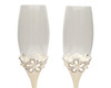 Silver Enameled Rhinestone Flower Shaped Ornate Wedding Flutes - Set of 2 Toasting Glasses