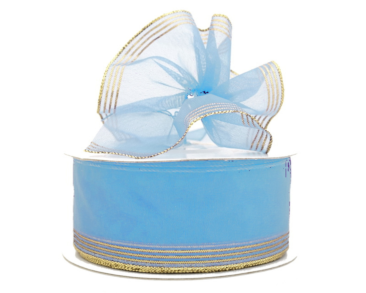 1.5x25 yards Light Blue/Gold Organza Pull Bows Gift Ribbon - Pack of 5  Rolls