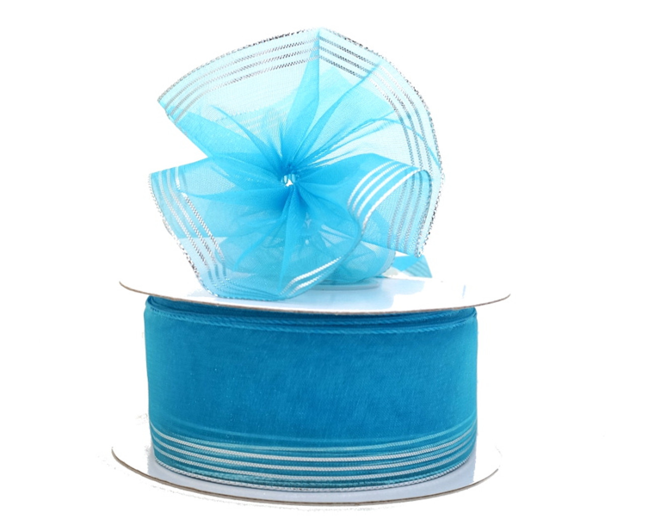 1.5x25 yards Light Blue/Gold Organza Pull Bows Gift Ribbon - Pack of 5  Rolls