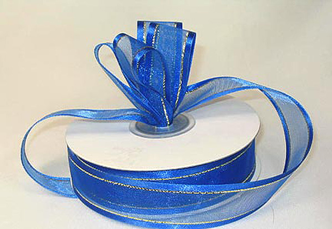 3/8x25 yards Royal Blue Organza Satin Edge with Gold Trim Gift Ribbon -  Pack of 15 Rolls - CB Flowers & Crafts