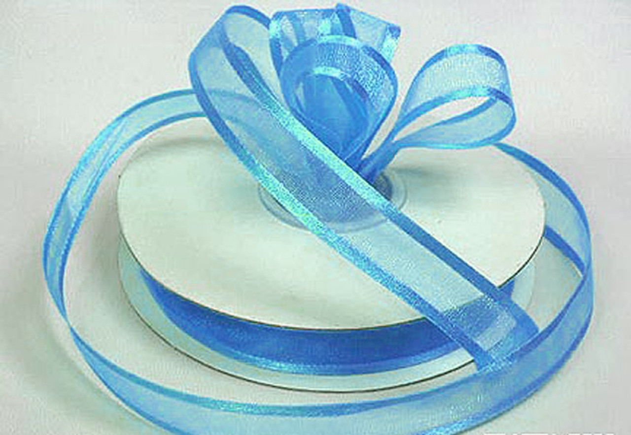 1.5x25 yards Light Blue/Gold Organza Pull Bows Gift Ribbon - Pack of 5  Rolls