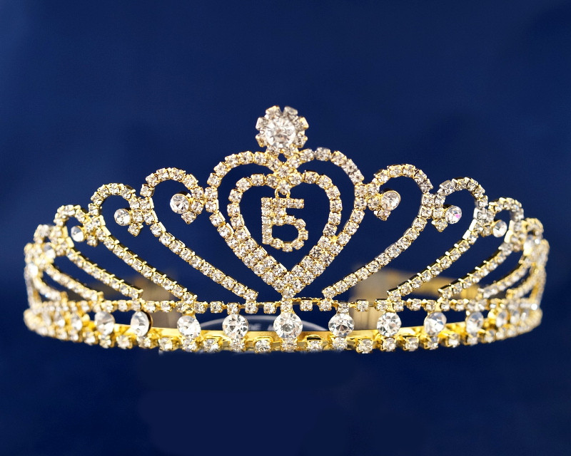 Gold Crystal Mis Quince Quinceanera Rhinestone Tiara (TX004) CB