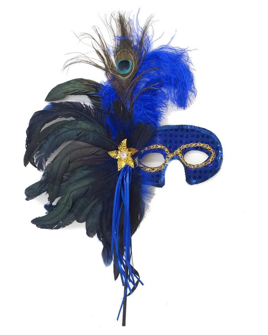 Royal Blue Glitter Sequins Mardi Gras Peacock Feather Masquerade