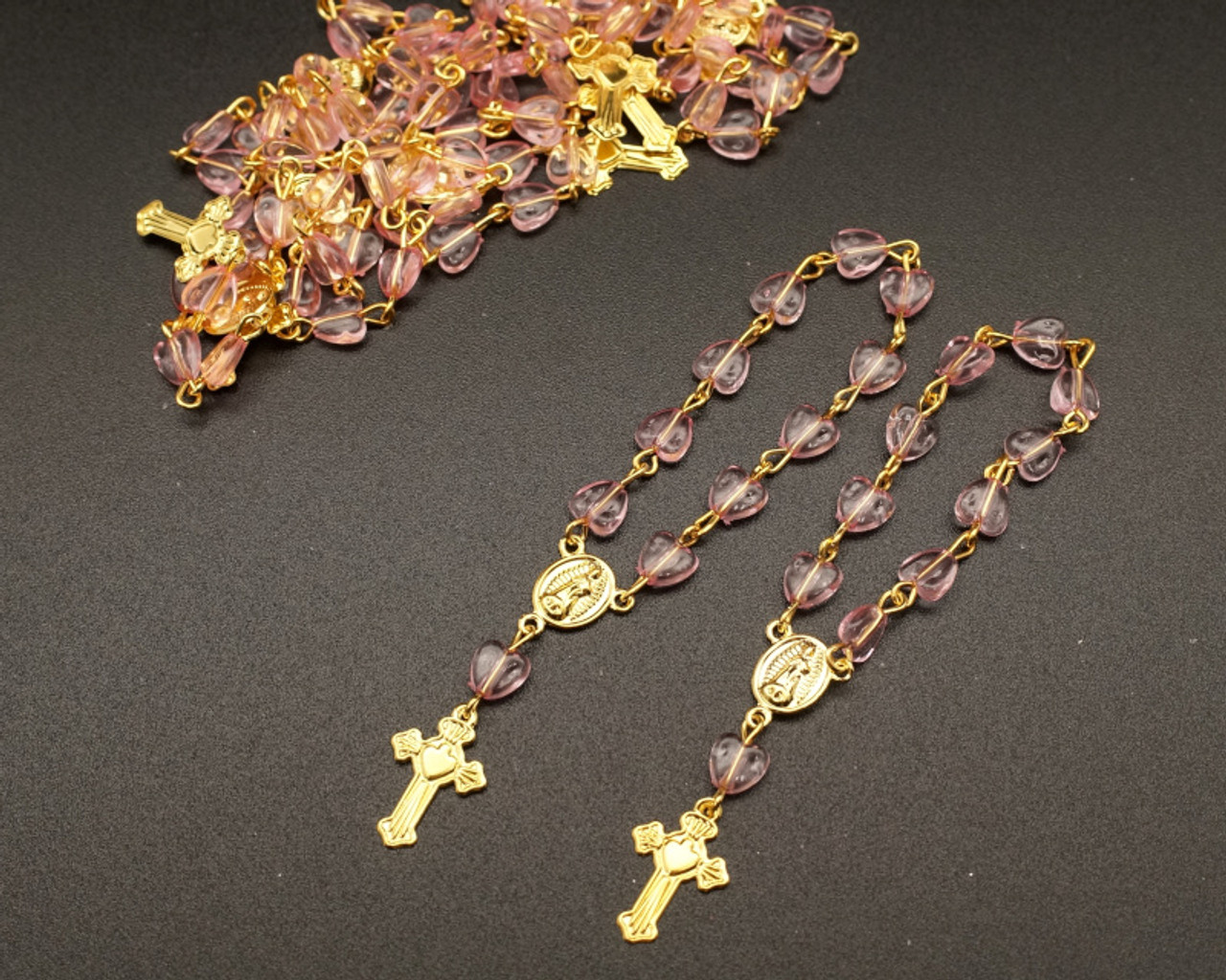 3.5 Pink Gold Miniature Rosaries - Pack of 100 Mini Rosary Favors