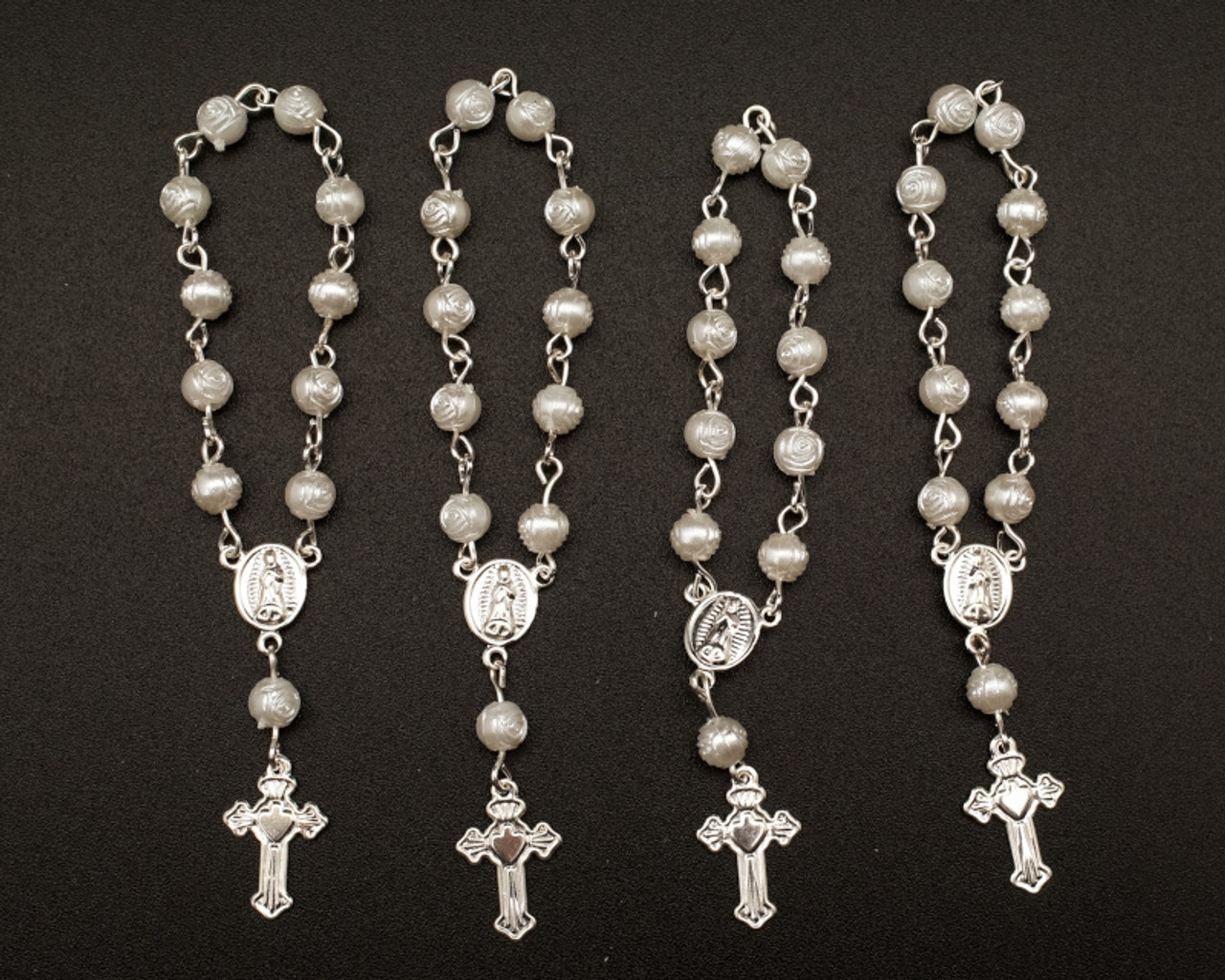 3.5 White Silver Miniature Rose Bead Rosaries - Pack of 100 Mini