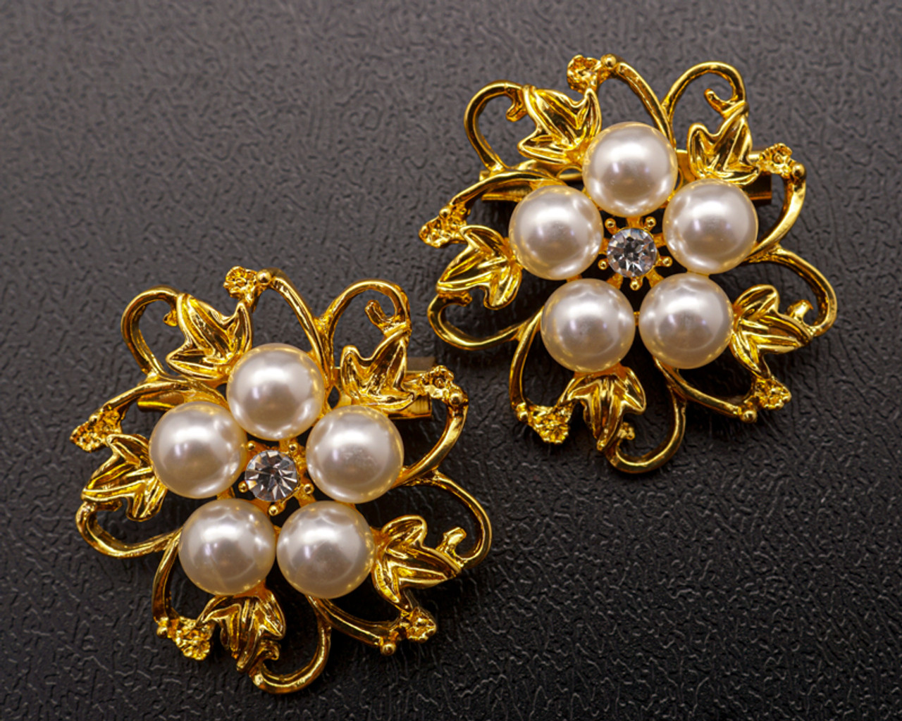 1 3/8 Yellow Gold Flower Brooch with White Pearls and Clear Rhinestone -  Pack of 12 - CB Flowers & Crafts