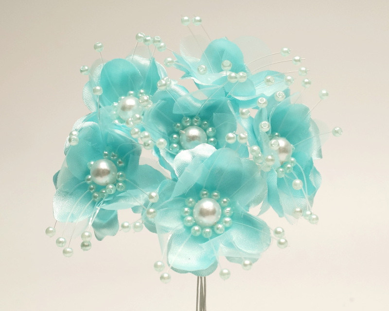 1.5" Aqua Blue Silk Flowers with Pearl Pack of 72 CB Flowers & Crafts