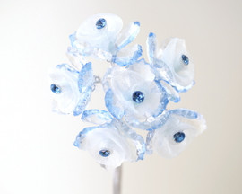 1" Blue Organza Flowers with Acrylic Leaves and Rhinestone - Pack of 72 Pieces