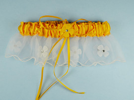 Gold Yellow Bridal Wedding Satin Garter with Floral Organza Trim - Pack of 12 Pieces