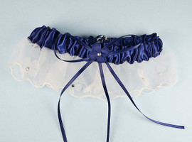 Navy Blue Bridal Wedding Satin Garter with Floral Organza Trim - Pack of 12 Pieces