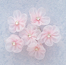1" Pink Organza Flowers with Rhinestone - Pack of 72