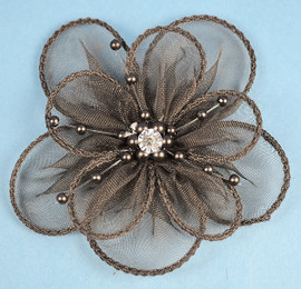 3.5" Black Organza Flowers with Pearl and Rhinestone - Pack of 12