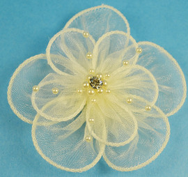 3.5" Ivory Organza Flowers with Pearl and Rhinestone - Pack of 12