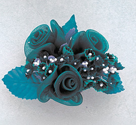 1.5" Turquoise Organza Pearl Flowers with Leaf - Pack of 12