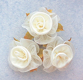 1.5" Ivory Satin Organza Flowers with Leaves - Pack of 36
