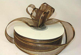 3/8"x25 yards Brown Organza Satin Edge with Gold Trim Gift Ribbon - Pack of 15 Rolls