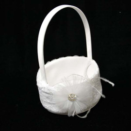 White Lace Wedding Flower Girl Basket with Rhinestone Organza Flower