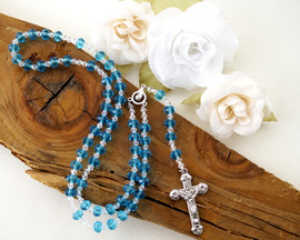 17" Turquoise and Silver Crystal Rosary with Rondelle Faceted Glass Beads