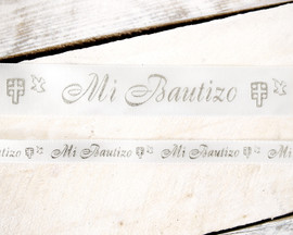 7/8" x 25 Yards Silver "Mi Bautizo" Printed Satin Ribbon for Baptism Favors - Pack of 5 Rolls