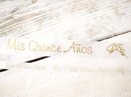 7/8" x 25 Yards Gold "MIs Quince Anos" Spanish Printed Quinceanera Ribbon - Pack of 5 Rolls