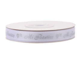 3/8" x 25 Yards Silver "Mi Bautizo" Printed Satin Ribbon for Baptism Favors - Pack of 5 Rolls