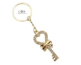 4" Gold  Key with Bow Crystal Rhinestone Keychain - Pack of 12