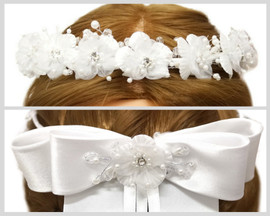 First Communion Headpiece with Silk Flowers and Large Back Bow - Pack of 8