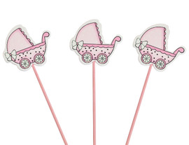 Pink Baby Shower Carriage Wood Picks - Pack of 12