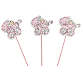 PInk Baby Shower Carriage with Baby Wood Picks - Pack of 12