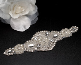 2.25" x  7.25" Silver Rhinestone Iron-On Pearl Applique - 5 Bridal Appliques