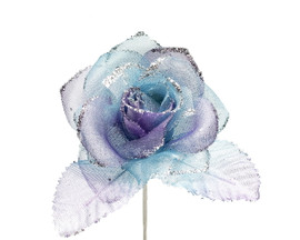 2.5" Purple Blue Tie Dye Glitter Organza Single Rose Flower  - Pack of 12