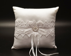 White Lace Wedding Ring Bearer Pillow with Faux Pearl