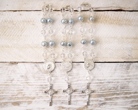 6" Small Metal Ball Blue/Silver Rosary Bracelet with Cross Pendant - Pack of 12