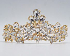 2 3/8" Gold Tiara with Clear Rhinestones , Gem Stones, Crystal Beads