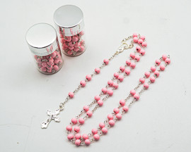 17.5" Silver and Pink Rosary in 2" Glass Bottle with Metallic Lid - Pack of 12