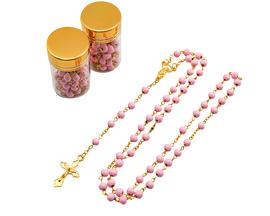 17.5" Gold and Pink Rosary in 2" Glass Bottle with Metallic Lid - Pack of 12
