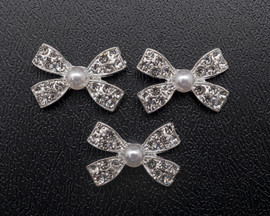 1" x 5/8" Silver Rhinestone Faux Pearl Bow Flat Back Metal Charms  - Pack of 12