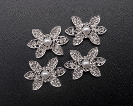 1 3/8"x 7/8" Silver Flower Rhinestone Flat Back Metal Charm- Pack of 12